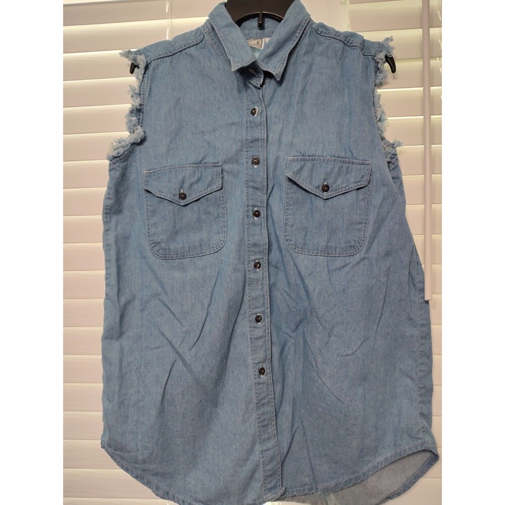 Vintage Justin Allen Sleeveless Denim Light Wash Boho Western Cutoff SlvTop Sz L